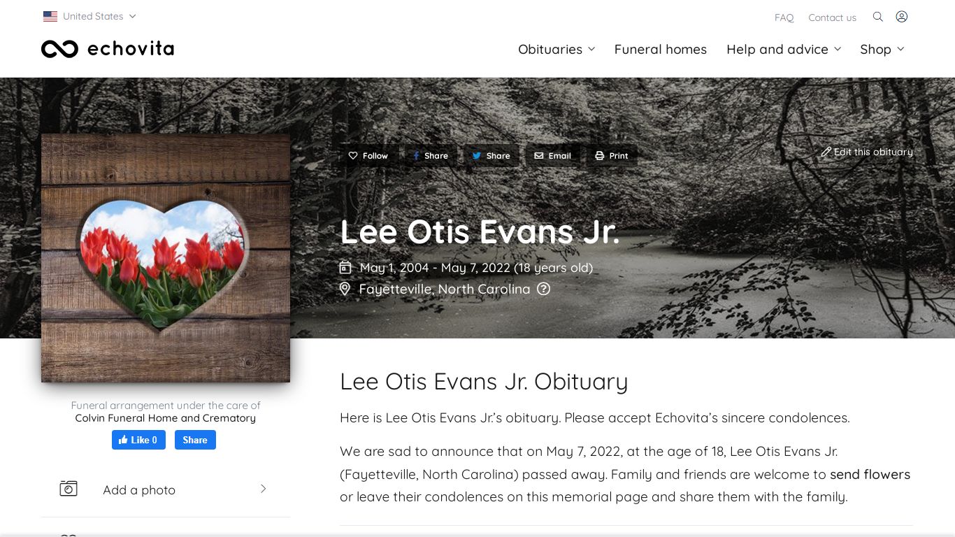 Lee Otis Evans Jr. Obituary (2004 - 2022) | Fayetteville, NC - Echovita